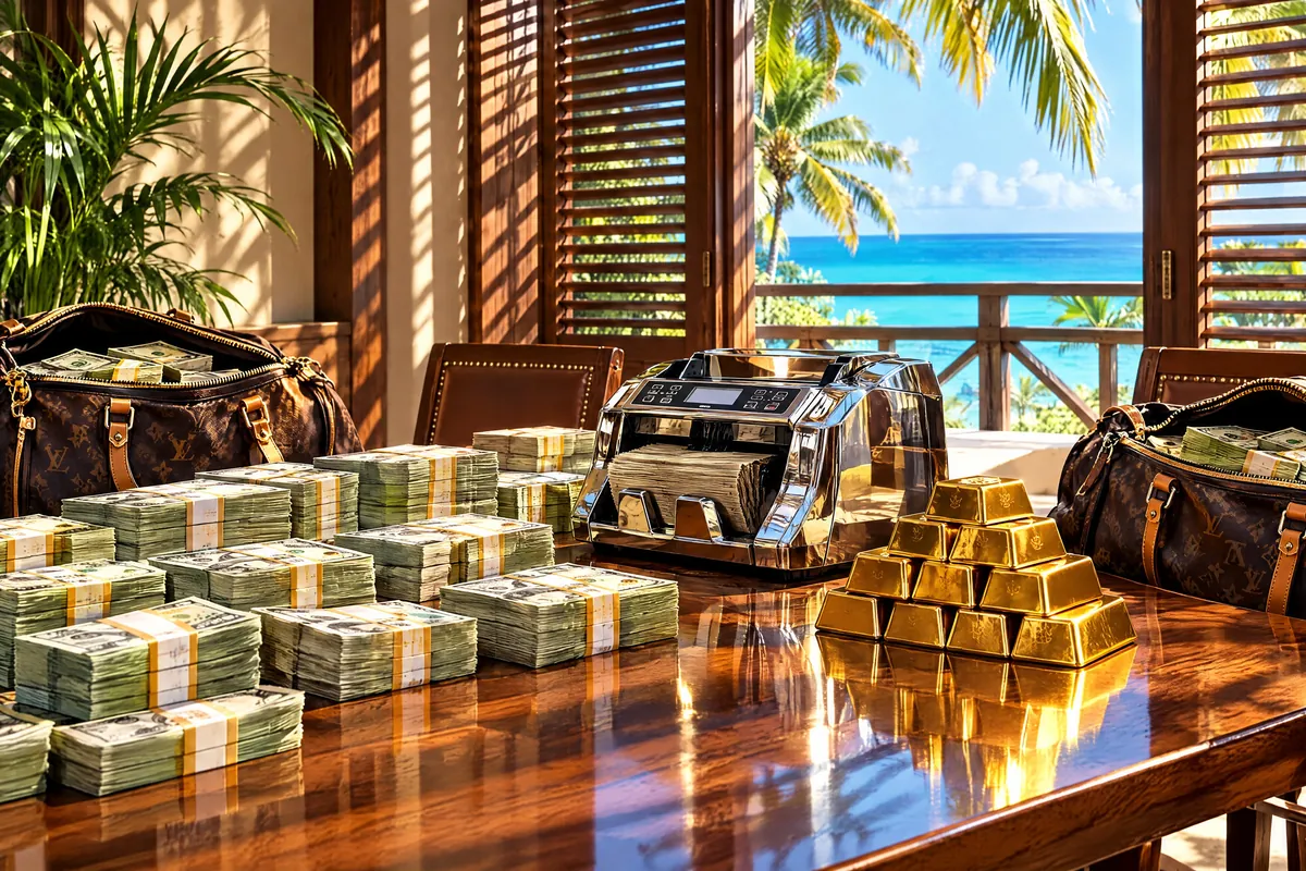 A sunlit counting room: stacks of cash, a money-counting machine and gold bars on a wooden table